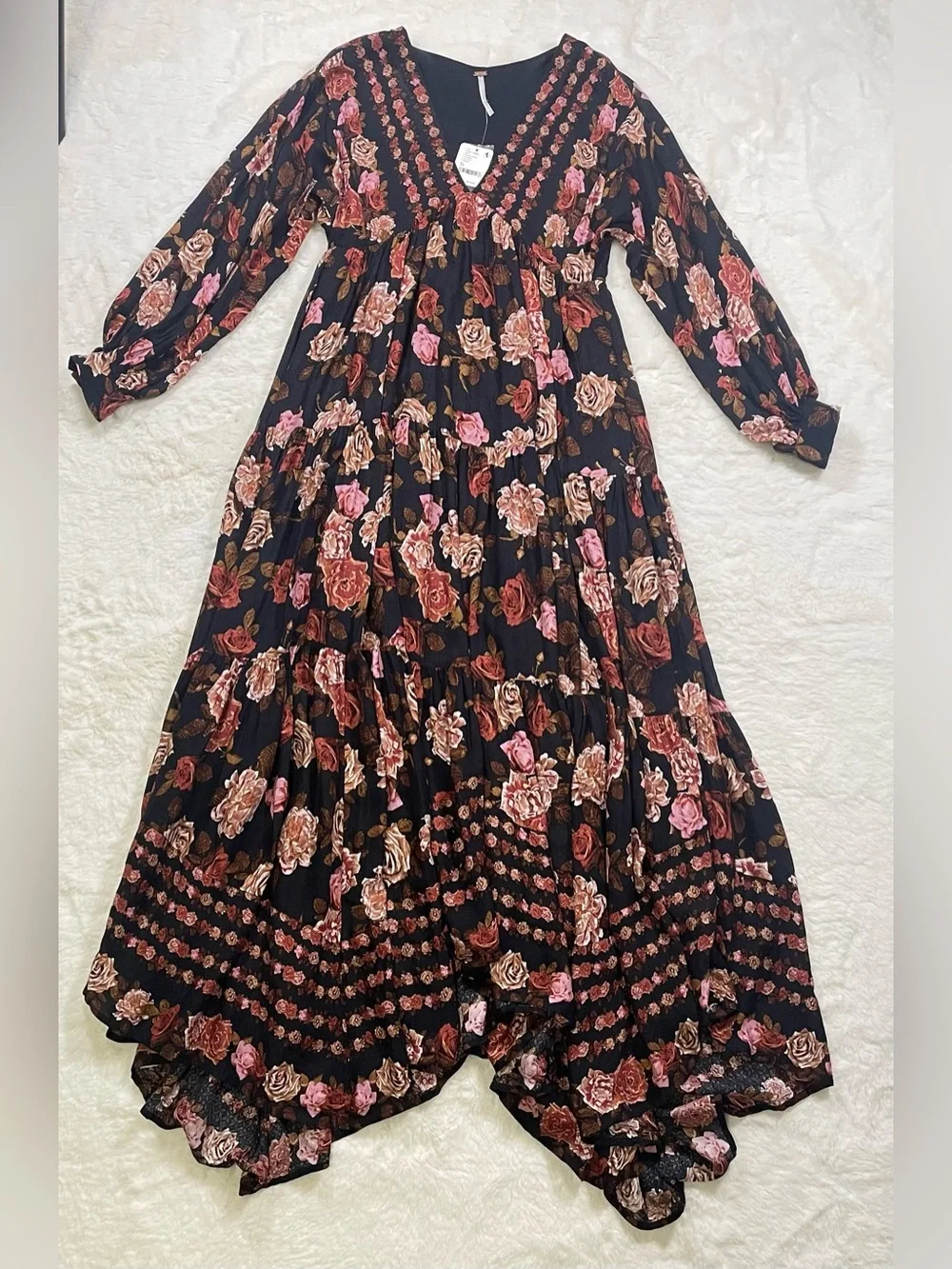 Free People Black Floral V-Neck Tiered Maxi Dress with Warm Blooms